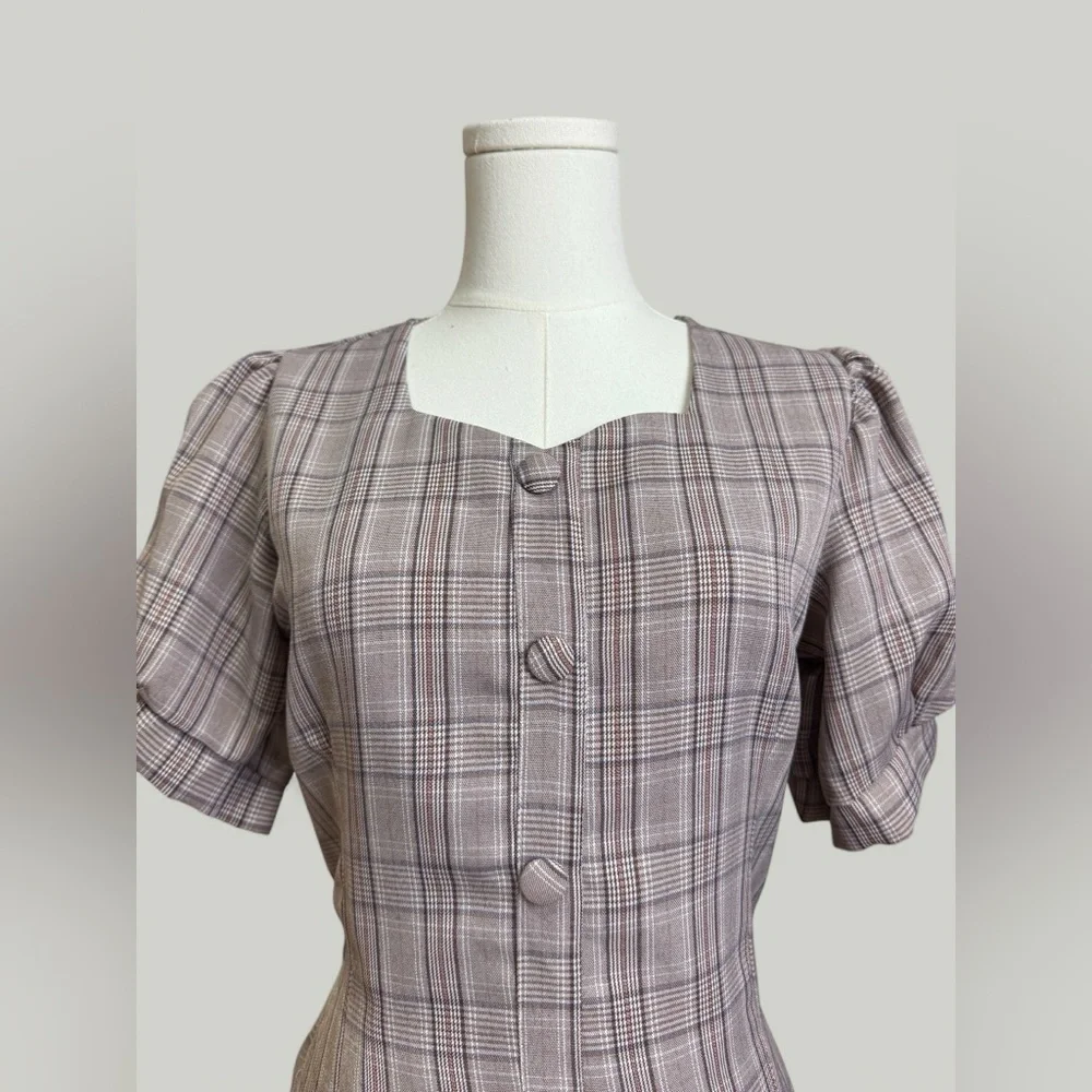 Plaid Dress Women Size Medium Brown Midi Sweetheart Neckline Puff Short Sleeves - Picture 6 of 11